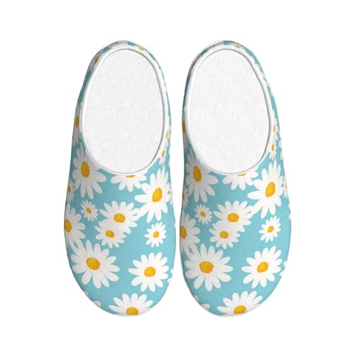 Daisy Flower Blue Full Print Flannel Slippers，Soft Warm Upper, Anti-Slip TPR Sole, for Casual Use