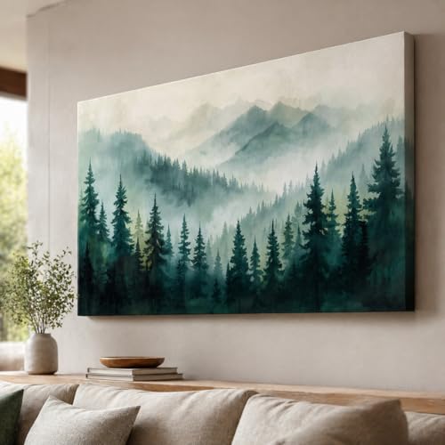 Image of KUNJCART Misty Mountain Painting For Wall Vastu - Large Nature Landscape Painting for Living Room, Bedroom & Office -Nature Wall Art for bedroom, Big Size Green Scenery for Wall Decoration and Home decor Vastu (36 x 24 Inch, Rolled Canvas Only , Without Frame)