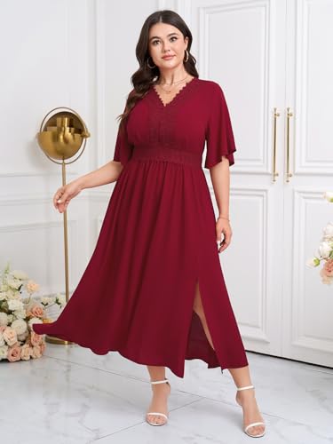 Image of SCOMCHIC Womens Plus Size Summer Maxi Dress Short Sleeve V-Neck Lace Boho A-Line Slit Flowy Wedding Guest Cocktail Dresses