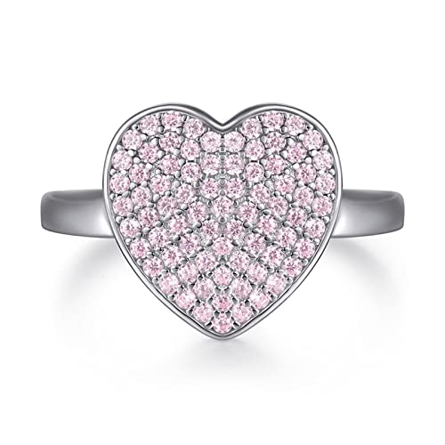 AMDXD Anillos para mujer de plata de ley, alianzas nupciales corazón rosa cúbico-circonita redonda anillo, 12, Plata de ley, Zirconia cúbica