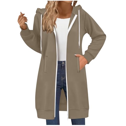 MaMiDay Long Hoodies for Women Zip Up Double Zipper Fleece Jacket Tunic Sweatshirts Fall Winter Fashion Clothes Khaki