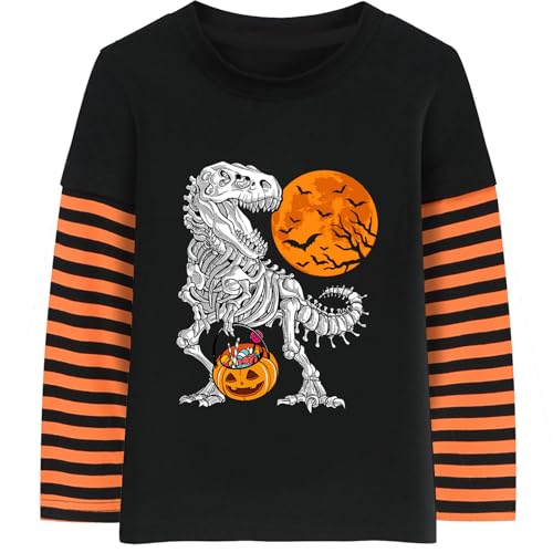 Sineeko Toddler Boy Girls Long Sleeve Dino Pumpkin Tshirt Dinosaur Skeleton T Rex Scary Shirt Tops Kids Cotton Halloween Shirt 7T cover