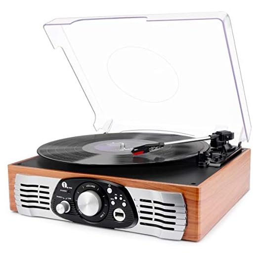1 BY ONE Tocadiscos estéreo de 3 velocidades con Altavoces incorporados, graba de Vinilo a MP3, Reproduce MP3, Salida RCA, Madera Natural