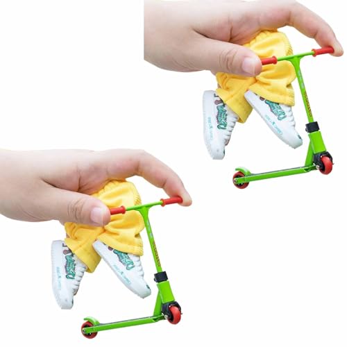 2026 Upgrade Mini Finger Scooter Toys, 2 Color Funny Alloy T Shaped Fingers Skateboards Toys, Cute Fingers Scooter Toy Set with Shoes Pants, Novelty T Shaped Finger Skateboards Desk Toy (Green)