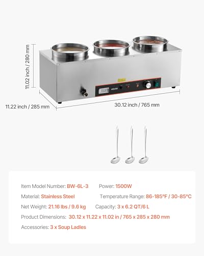 Image of VEVOR Electric Soup Warmer, Three 6.34QT Stainless Steel Round Pot with 86~185F Adjustable Temp, 1500W Commercial Bain Marie with Anti-Dry Burn and Reset Button, Soup Station for Restaurant, Buffet