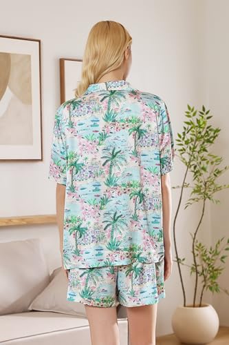 Image of YiNi LuLu Womens Silk Satin Shorts Pajamas Set Button Down 2 Piece Pjs Short Sleeve Oversized Sleepwear with Pockets