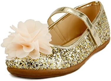 Wedding Party Flower Girl's Shoes Glitter Sparkling Chiffon Floral on Topper 3 Colors (10, Gold )
