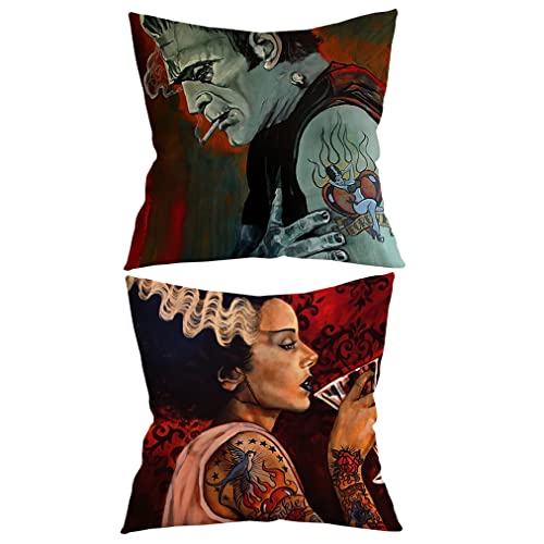 Giosve 076 Frankenstein Couple Throw Pillow Case, 18 X 18 Inch Set Of 2, Monster And Bride Decor, Gift For Couple Horror Wedding, Anniversary, Wedding, Cushion Cover cover