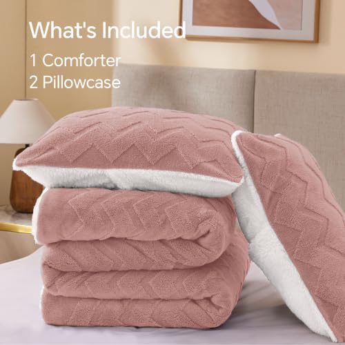 Image of BEDELITE Fluffy Sherpa King Comforter Set,Dusty Pink | Super Soft & Warm Fleece Bedding, Luxury Fuzzy Comforter for Winter, Heavy Plush Bedding Set,2 Pillowcases