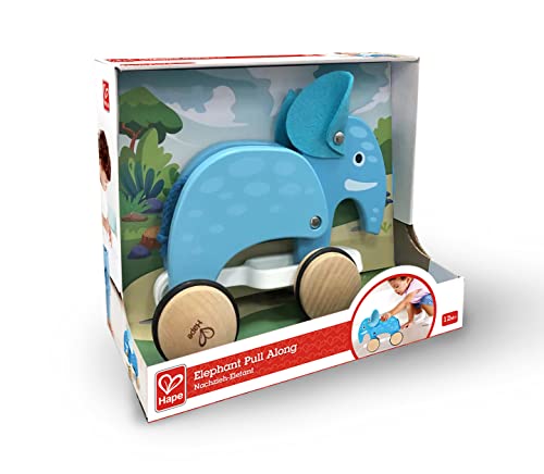 Image of Hape: Pull Along - Elephant - Blue - Wooden Animal Toy, Rubber Rimmed Wheels, Encourages Walking, Push & String Pull, Kids, Baby & Toddler, Age 12 mo+