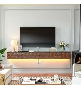 FloatiCasa Floating TV Stand, Vintage Carved Floating Entertainment Center with 3 Doors, Walnut W...