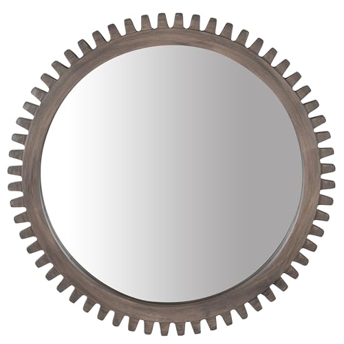Round Wall Mirror 24 Inch Decorative Industrial Cog Mirror with Wooden Frame for Bathroom Living Room or EntraywayRustic Grey 24