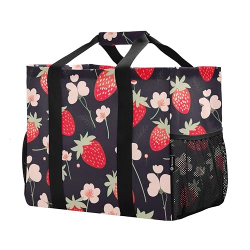 Strawberries Pink Flowers Foldable Travel Duffel Bag for Men Women Waterproof Weekender Overnight Carry On Tote Bag with Comfortable Handle Sports Gym Bag for Hospital Airplane Business Trips Sport