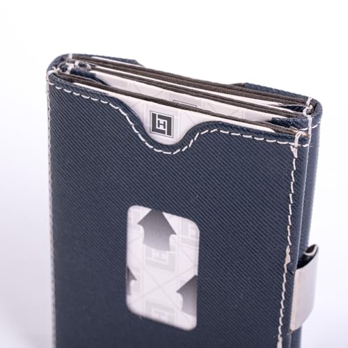 Image of Minimalist Front Pocket Trifold Wallet for Men Women, Genuine Leather RFID Blocking Credit Card Holder, Slim Compact EDC Cash Billfold with Stainless Steel Locking Money Clip(Dark Blue)