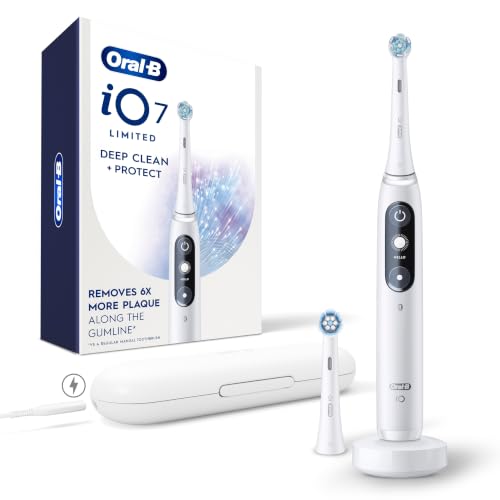 Image of Oral-B Rechargeable Electric Toothbrush, iO7 Limited Deep Clean + Protect, 5 Cleaning Modes, Interactive Display, Visible Pressure Sensor, 2 Brush Heads, Charging Travel Case, White
