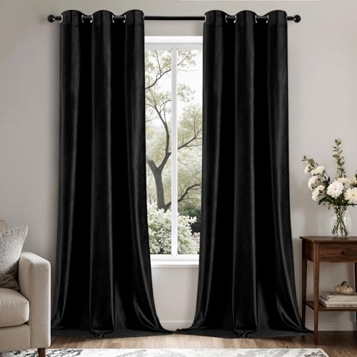 EMEMA Black Velvet Curtains Living Room Grommet Thermal Insulated Room Darkening Home Window Curtains for Bedroom Elegent Velvet Drapes W42 x L108 2 Panels