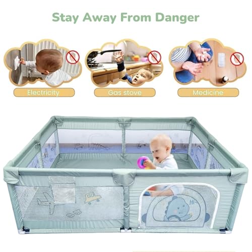 Image of Playpen for Baby up to 5 Years Playards with Pit Balls and Anti-Fall Grasp Rings, Kids Activity Center with Safety Lock (No Mat, Non-Foldable) (150 * 180cm-green)