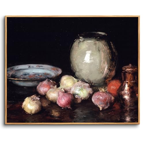 crmotu Vintage Framed Wall Art, Still Life Onions Canvas Oil Paintings, Black Antique Kitchen Decorations Art Prints, Rustic Home Decor Bedroom Dining Room Desktop Farmhouse Aesthetic Artwork 12x16in
