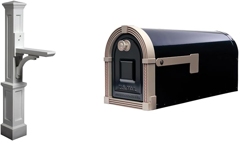 Mayne 580B00000 Newport Plus Mail Post, 25x8, White & Brunswick Large, Steel, Post Mount Mailbox, Black with Brushed Nickel