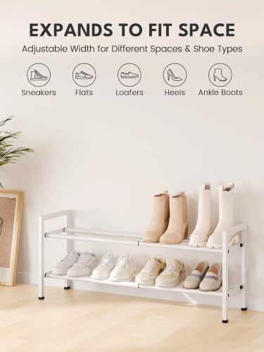 Image of Bumusty 2-Tier Expandable Shoe Rack for Closet, 18 inch-33 inch Adjustable Shoe Rack for Small Space, Small Shoe Organizer for Front Door, Sturdy Metal, White
