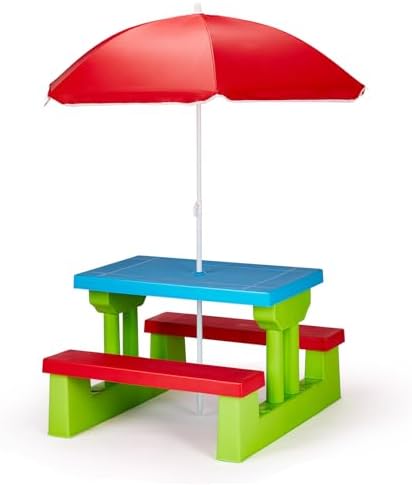 Portable Picnic Table and Chair Set ,Outdoor Table and Chair Sets,Plastic Picnic Table,Rectangular Activity Table & Bench Set,,with Removable Umbrella,for Backyard Garden Patio (Red & Blue & Green)