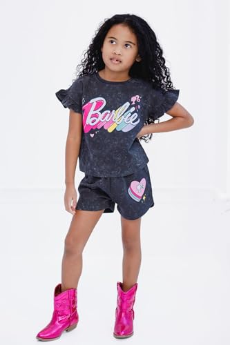 Barbie Little Girls' Washed French Terry Tee and Shorts Set Dark Grey 7-8 - image 2
