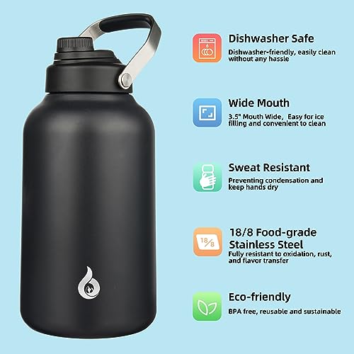 Image of BJPKPK 1 Gallon Water Bottle Insulated, Dishwasher Safe 128oz Large Water Jug with Metal Handle & BPA Free Spout Lid, Stainless Steel Metal Jug for Gym, Sports & Hiking, Black