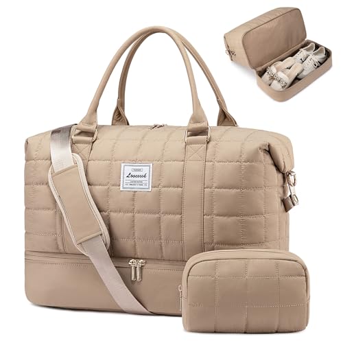 LOVEVOOK Large Duffle Bag for Travel, Puffer Weekend Bags for Women Travel Tote, Carry on Duffel Bag for Airplanes, 18 Inch Personal Item Bag Gym Bag Women, Coffee