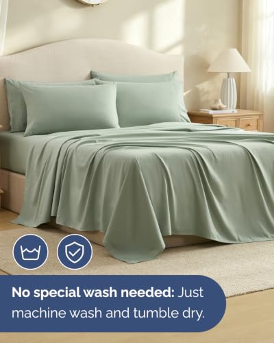 Image of Queen 6 Piece Bed Sheet Set - Breathable & Cooling Sheets - Eucalyptus