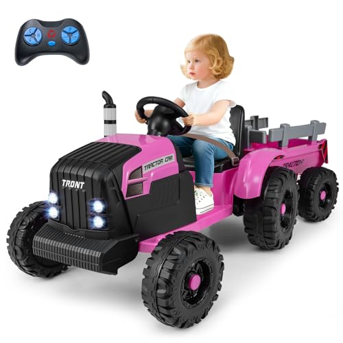 Image of Costzon 24V Ride on Tractor with Detachable Trailer, Kids' Electric Vehicles with 3 Speeds, 15 Climbing, Wireless Design, Horn & Music, Remote Control Tractor Toy for Kids 3+,Gift (24V, Dark Pink)