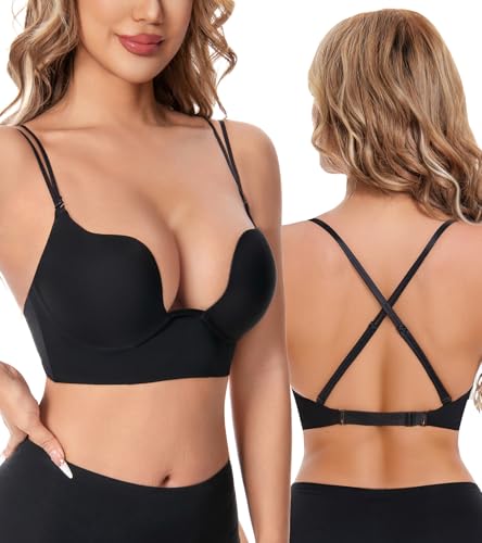 HACI Backless Plunge U Neckline Push Up Bra Deep V Padded Low Cut for Support(Rich Black,36D)