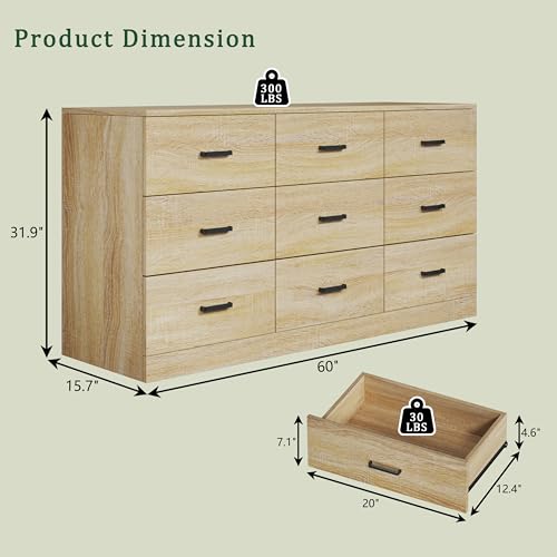 Image of 9 Drawer Dresser for Bedroom, 60'' Long Mid Century Modern Dressers TV Stand, Wood Vintage Chests of Drawers, Large Storage Organizer for Bedroom, Closet, Entryway, Natural Oak