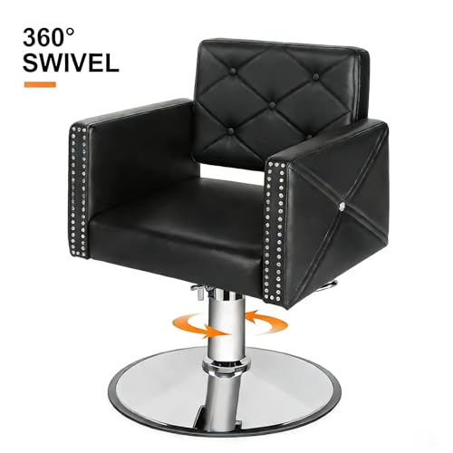Image of Barber Chair with Rivets, Black Salon Chair for Hair Stylist, 360 Degree Swivel, Heavy Duty Hydraulic Pump, Professional Styling Chair for Salon and Spa