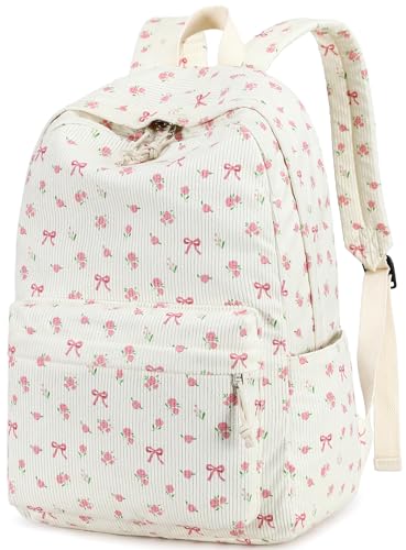 BTOOP Mochila escolar para adolescentes, grande, de veludo cotelê, leve, para meninas, meninos, casual, colegial, faculdade, mochila, Laço rosa floral, Medium, Mochilas Daypack