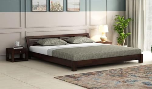 Image of Solid Sheesham Wood Low Height King Size Bed Without Storage | Wooden Double Bed | Low Floor /Lying /Rise /Level /Profile Cot Bed for Bedroom Furniture | Walnut Finish
