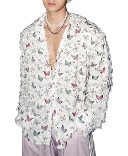 Mens See Through Lace Long Sleeve Mesh Floral Shirt Casual Button Down Shirts