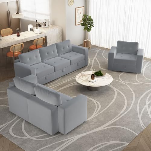Image of QHITTY U Shaped Sectional Modular Sofa, 6 Seater Accent Couch with Hidden Extra Large Storage Space for Living Room, Grey