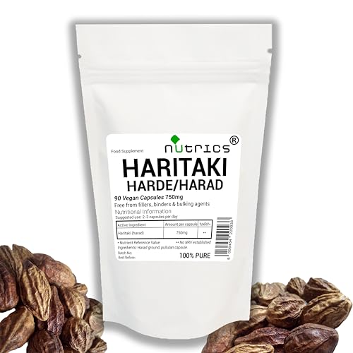 Nutrics 750mg Haritaki Harad Harde Pure 90 Vegan Capsules (1 Month Supply) - Terminalia Chebula - Free from Fillers Binders & Bulking Agents