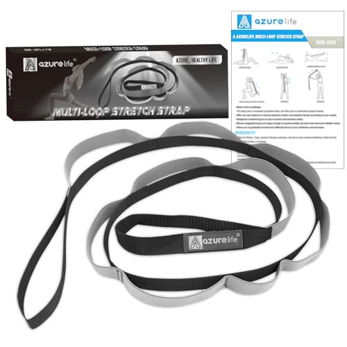 Image of A AZURELIFE Stretch Strap with 11 Loops, Elastic Stretching Strap Band - Stretch Tool for Yoga Physical Therapy, Dance and Pilates, Gymnastics, Hamstring Strength Training with Instruction Guide