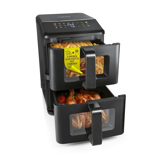 GOURMETmaxx FryUp vertikale Doppelkammer Heißluftfritteuse mit Sichtfenster - 10 L | Airfryer mit 9,8 Zoll Multi-Colour LED-Touchdisplay & 11 Programmen | Heißluftfritteuse 2 Kammern mit Oberhitze