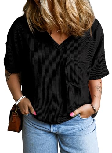 Eytino Womens Plus Size Tops Short Sleeve Sexy V Neck Knitted Blouse Loose Casual Tunic T-Shirts (1X-5X)
