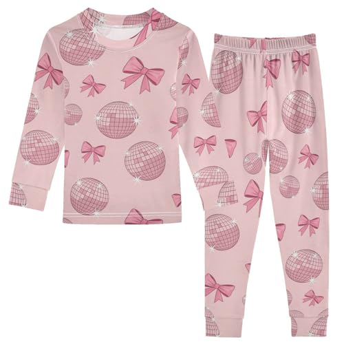 Pajama Sets Long Sleeve Pink Disco Balls Bows Soft Comfy Sleepwear 2 Piece PJS 3-8T