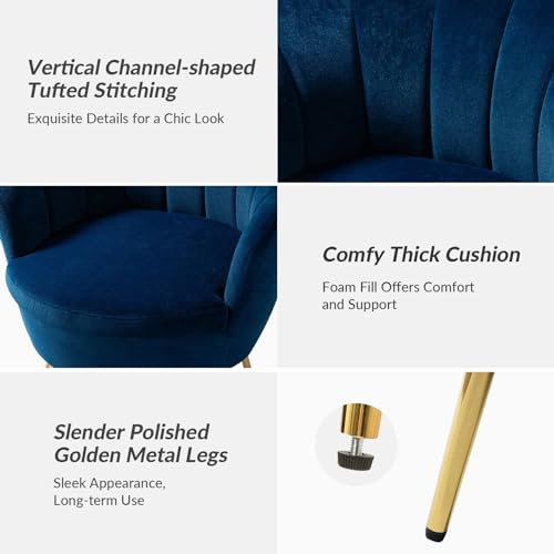 Image of HULALA HOME Modern Velvet Accent Chair with Shell Shaped Back, Cute Living Room Bedroom Armchair Sofa Chair with Gold Legs, Comfy Upholstered Vanity Chair for Makeup Room, Navy