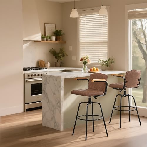 Butacos regulables giratorios VECELO, juego de 2, sillas de bar tapizadas en cuero sintético con respaldo y reposabrazos, estilo moderno con estructura de 4 patas para isla de cocina y bar miniatura 3