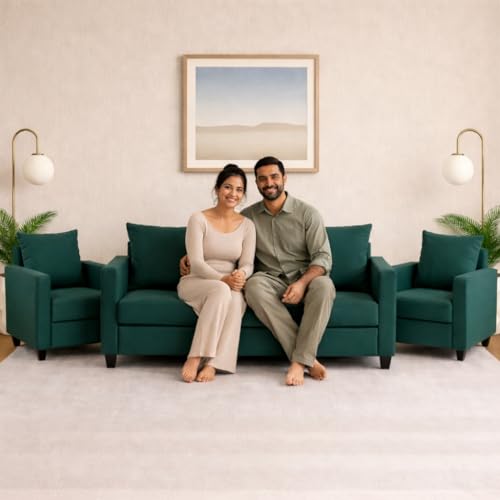 Image of Wood 3+1+1 Sofa Set 5 Seater | Velvet Fabric Upholstery | Wooden Frame Sofa Set with 3 Seater & 2 Single Chairs for Living Room, Home & Office (Green)