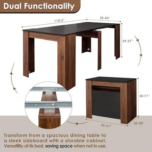 Image of Extendable Dining Table, Transformer Console to Dining Table for 12 People, Folding Space Saving Dining Room Table for Small Spaces, Walnut & Black