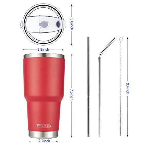 Image of 30oz Tumbler Stainless Steel Double Wall Vacuum Insulated Mug with Straw and Lid, Cleaning Brush for Cold and Hot Beverages (30oz Red)