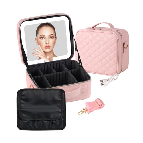 BEAUTY CASE Makeup Case with LED Light Mirror 10 Inch Portable Travel Cosmetic Organizer Bag with Adjustable Dividers Rechargeable Large Capacity Bright Lighting Gift for Women Girls Pink