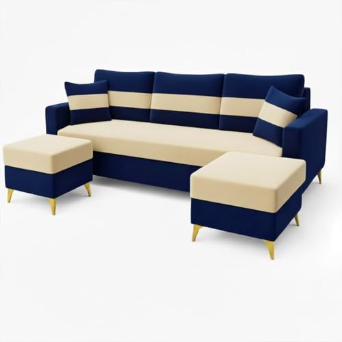 Image of SOCOZI Engima 5 Seater L Shape Sofa Set with 2 Movable Ottomans | Flexible Layout| Soft Velvet Suede Fabric|Modern Sofa | Plush Comfort Cushions for Living Room (Dark Blue-Cream)