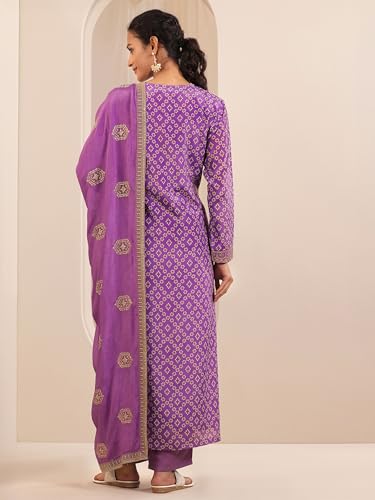 Image of Libas Lavender Printed Chinon Straight Kurta Set for Women Suit